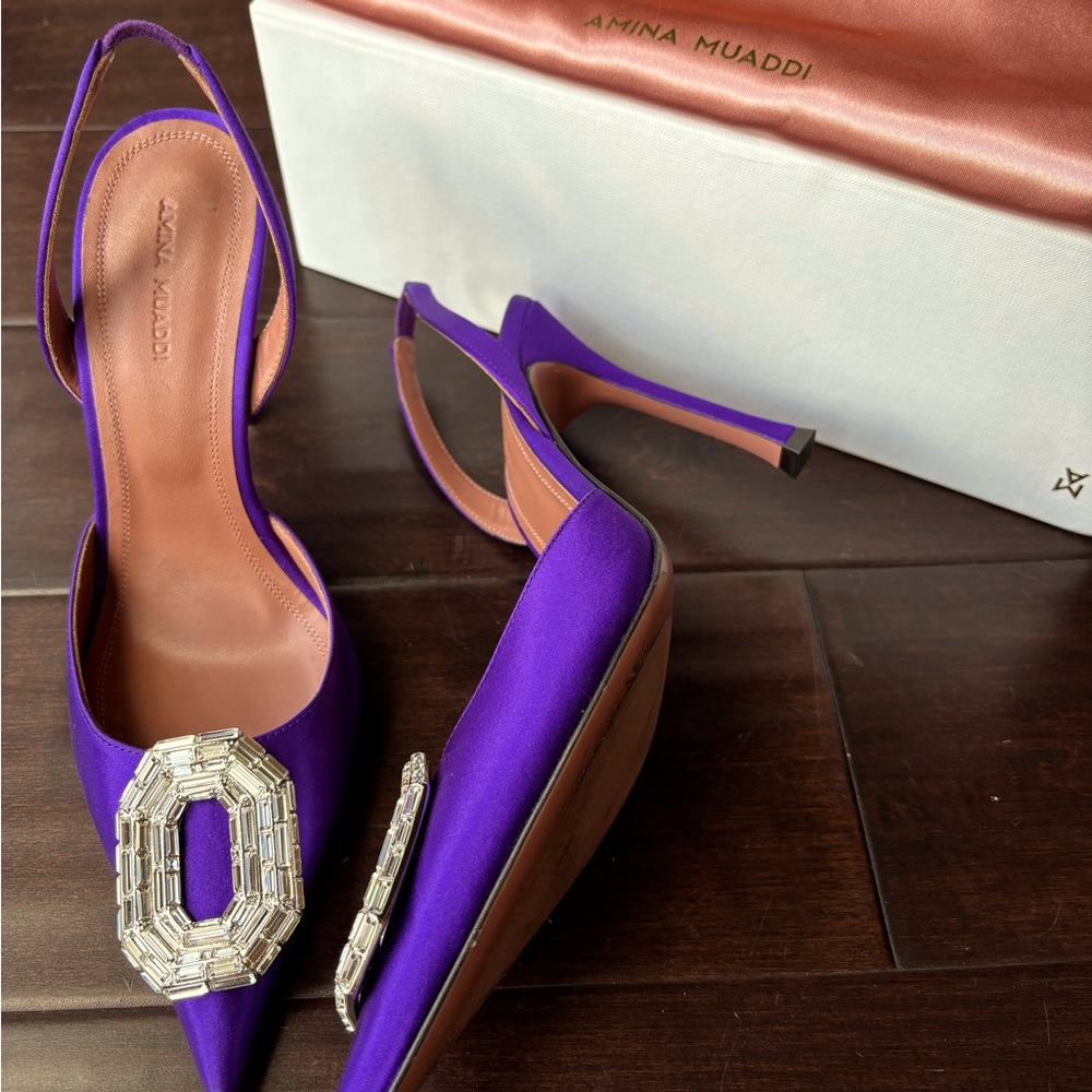 💜Purple Amina Muaddi Camelia Satin Slingback Pumps Size 37.5💜